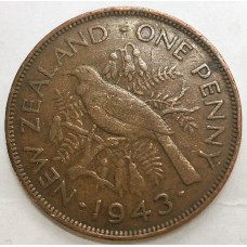 NEW ZEALAND 1943 . ONE 1 PENNY . ERROR . PLANCHET FLAWS AROUND KING'S HEAD